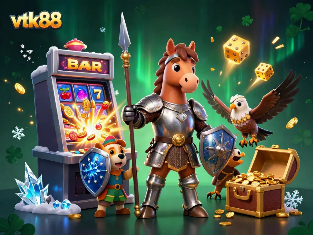 Experience the thrill of vtk88 with knights, puppies, and a jackpot explosion in vibrant casino illustration.