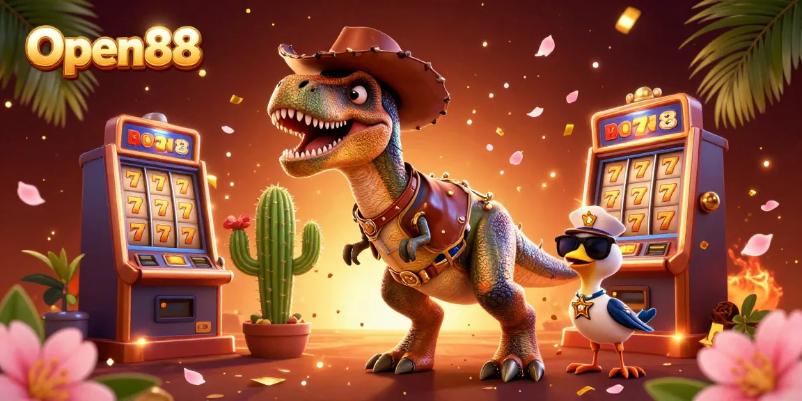 Experience Open88's thrilling gaming atmosphere with a lively T-Rex and action-packed slot elements.