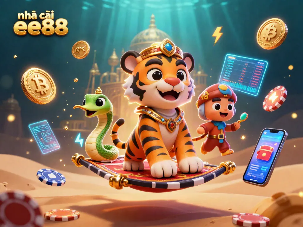 Engage with nhà cái ee88 through a vibrant, 3D casino scene loaded with digital treasures and excitement.