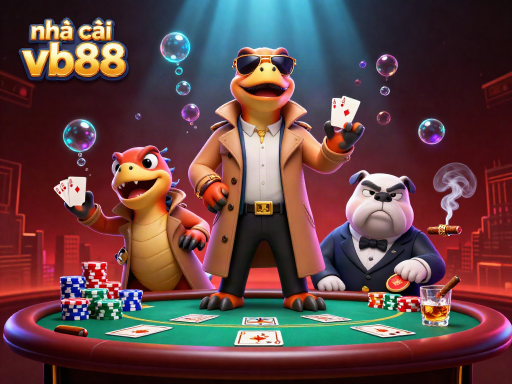 Three raptors in a trench coat entering a VIP lounge at nhà cái vb88, surrounded by poker elements.