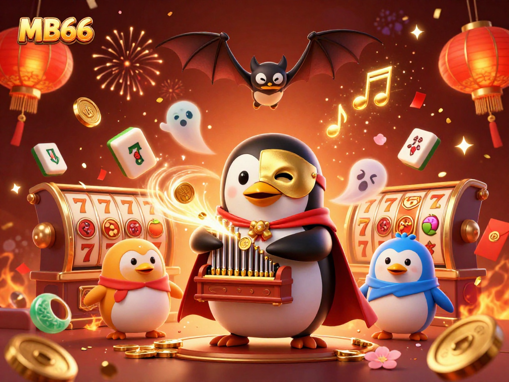 Experience the thrill of MB66 casino with a 3D penguin and action-packed slots, celebrating big wins.
