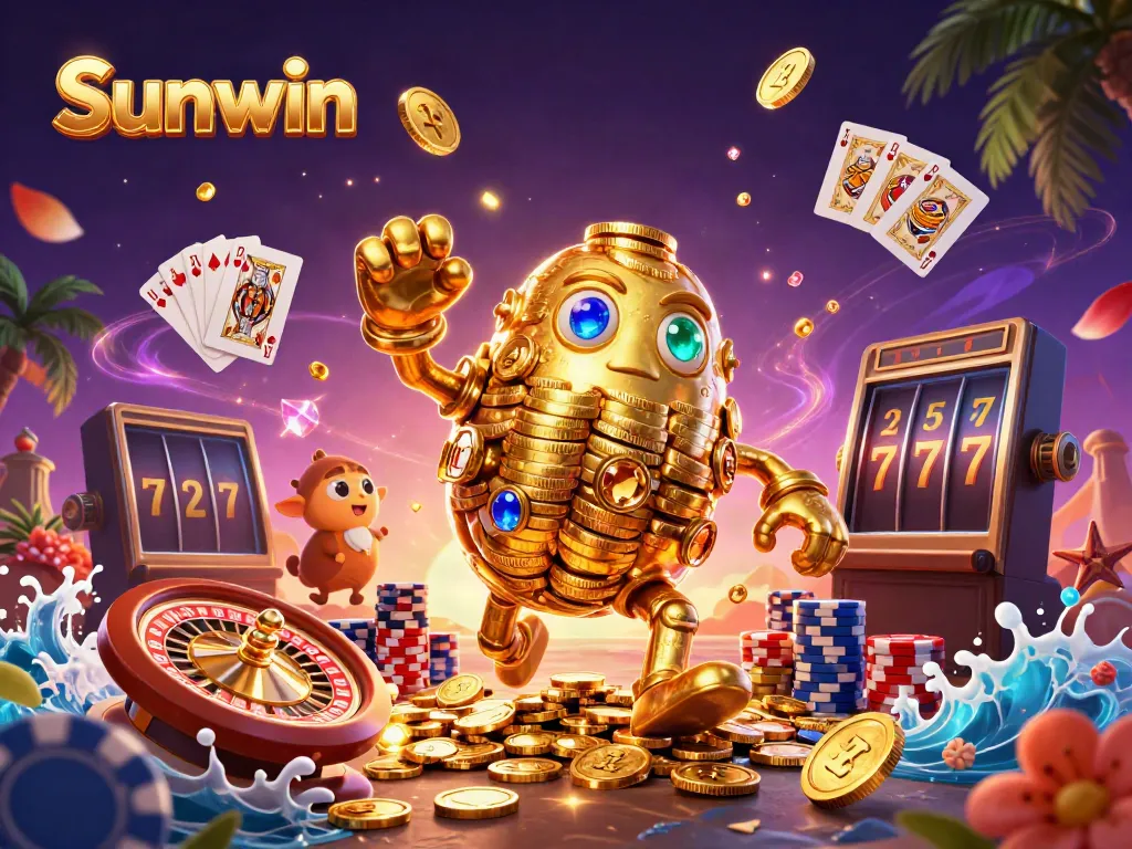 Experience thrilling wins with Sunwin's 3D gaming magic, featuring golden golems and vibrant casino elements.
