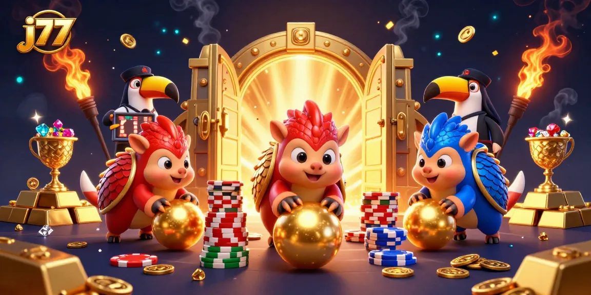 Experience thrilling gameplay at j77 with rival pangolins bowling through poker chips in an exciting casino scene.