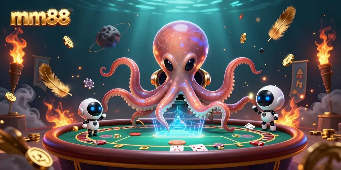 mm88 casino alien octopus plays holographic poker in a vibrant live casino scene