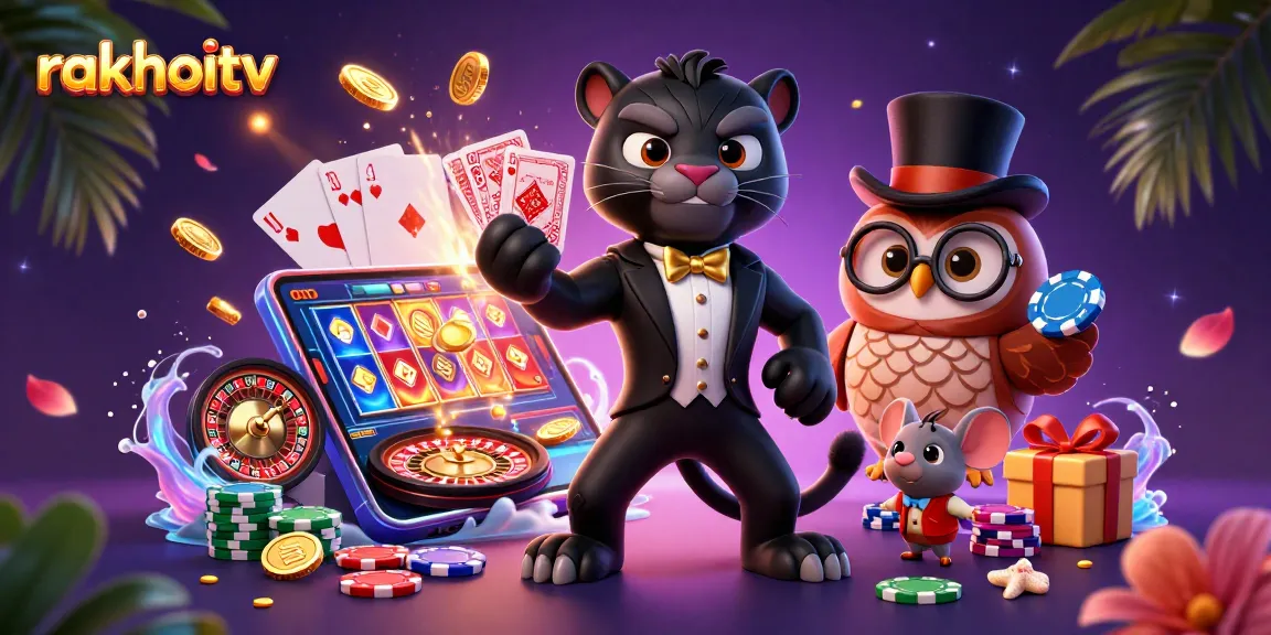 Rakhoitv showcases a stylish black panther dealing cards, engaging gamblers with vibrant casino elements.