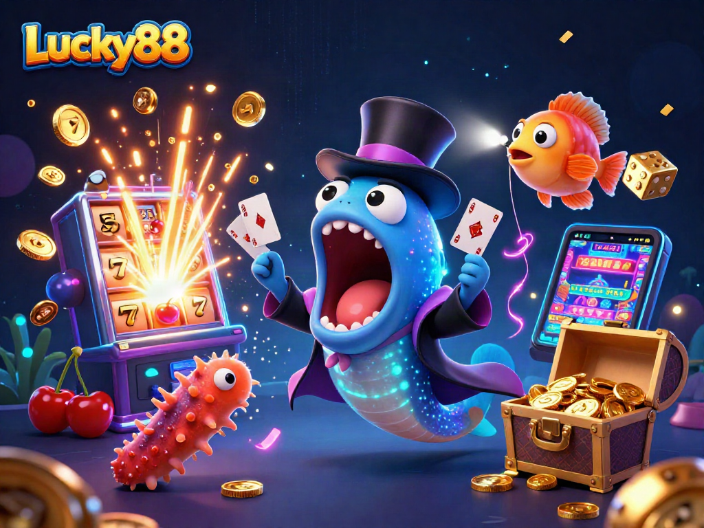 Experience Lucky88 in action with vibrant 3D cartoon visuals, slot machines, and magical sea creatures.