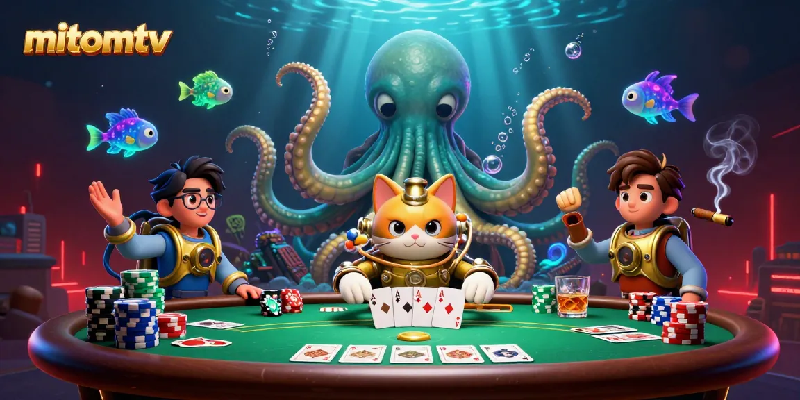 Experience thrilling poker action at mitomtv with a colossal kraken and diving cat in an exciting underwater scene
