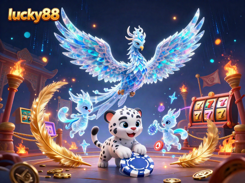 Spin the reels of lucky88 with an enchanted ice phoenix and vivid gemstones, immersed in a magical casino.