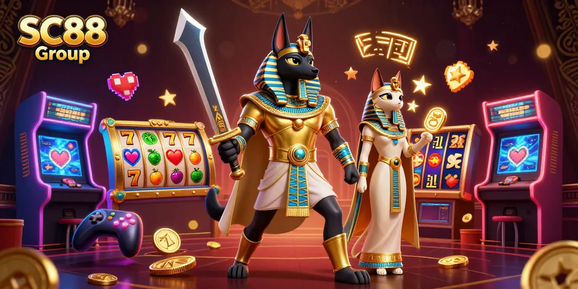 Win with SC88 Group in this vibrant 3D casino illustration featuring Anubis and Bastet.