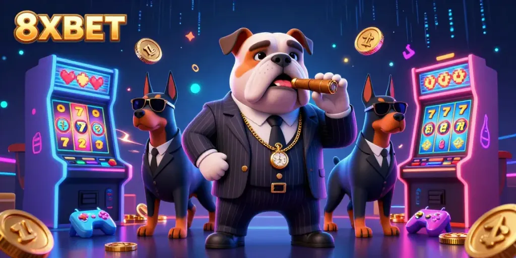 Experience the excitement of 8XBET with a dynamic casino scene featuring a mafia boss bulldog and Doberman bodyguards.