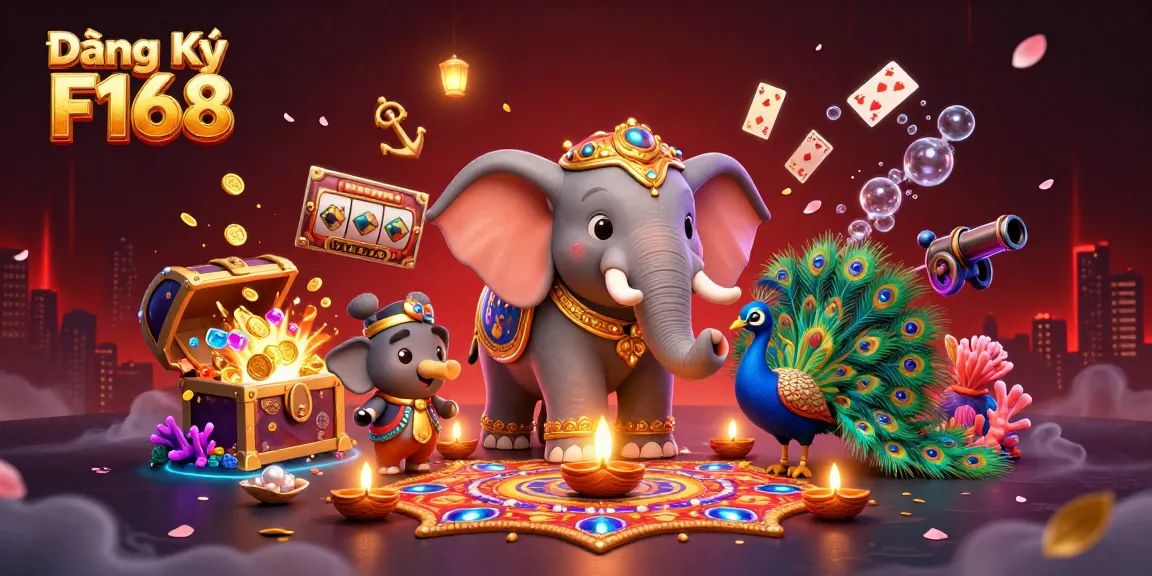 Engage in thrilling gameplay with Đăng Ký F168 as the vibrant elephant leads a casino adventure, surrounded by treasure and excitement.