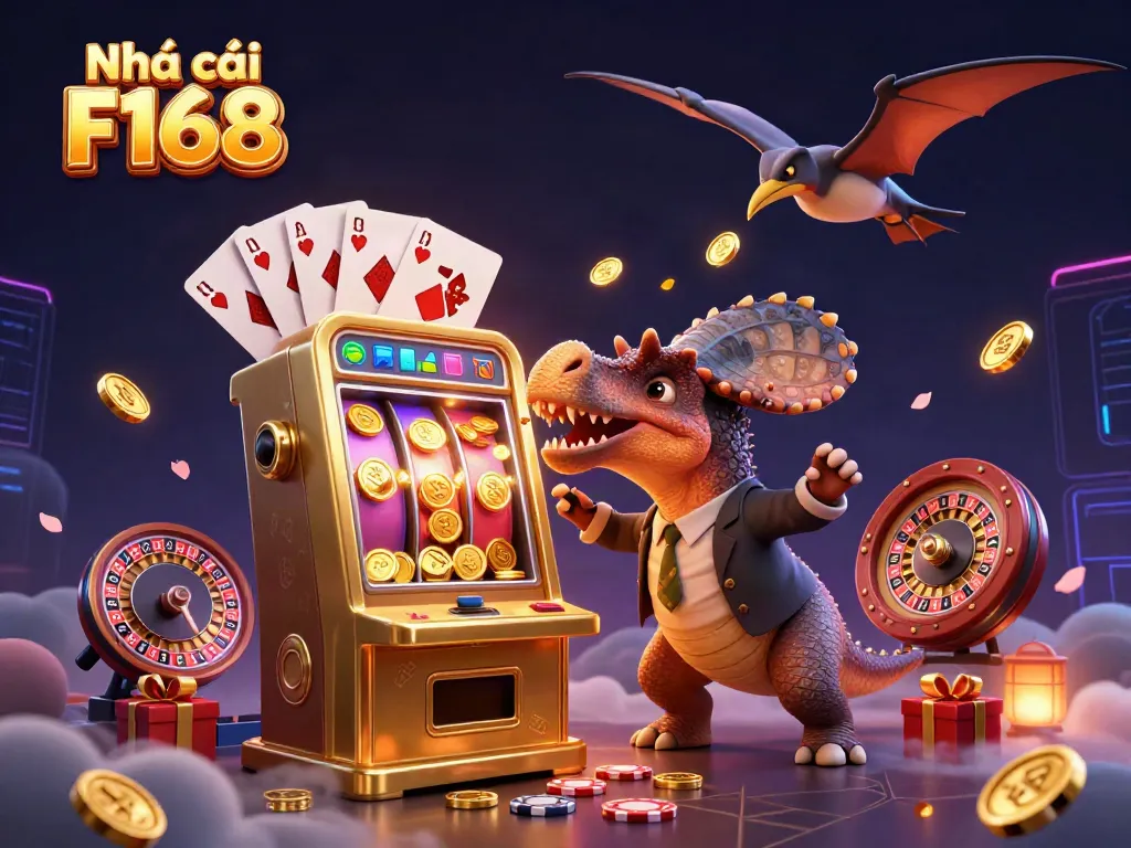 Experience the excitement at Nhà cái F168 with a dynamic casino scene featuring a pachycephalosaurus and epic jackpot.
