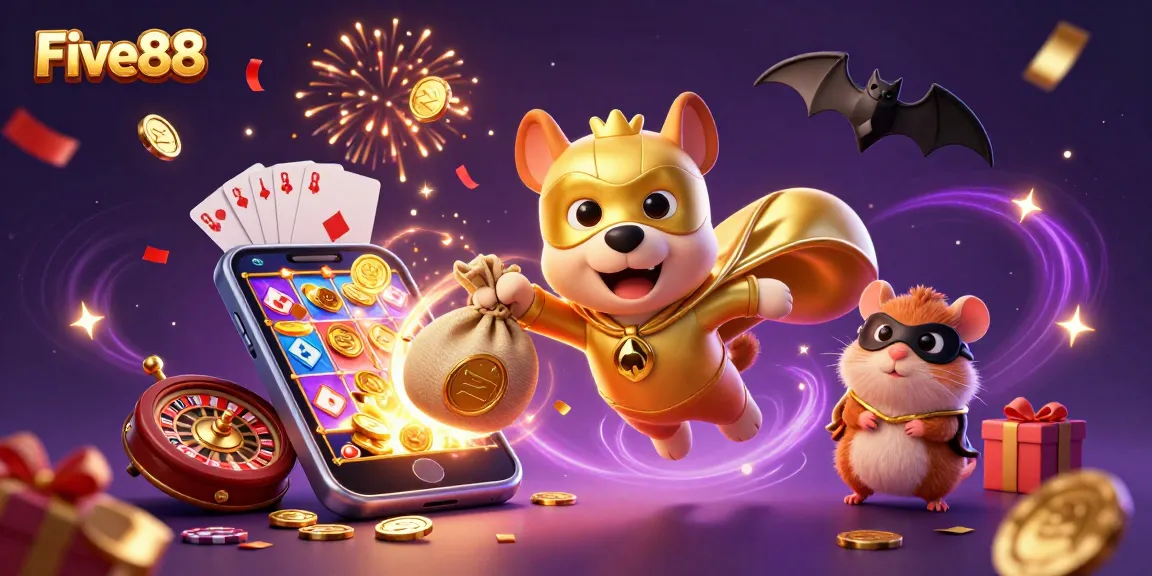 Join the excitement at Five88's casino with a superhero dog soaring through coins, embodying winning spirit.