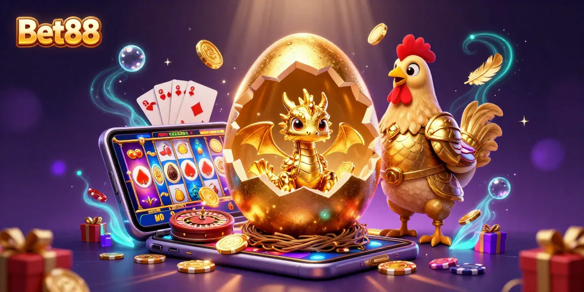 Experience the thrill of Bet88 with a golden dragon illustration in a vibrant casino atmosphere.