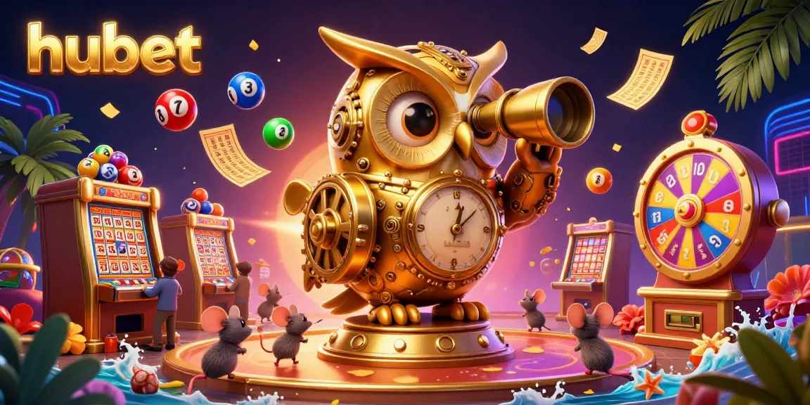 Experience fun gaming with hubet's vibrant casino scene featuring a golden owl, dynamic lottery balls, and more.