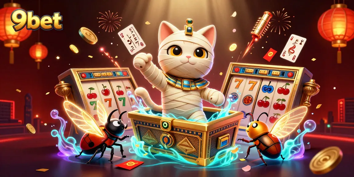 Experience the excitement of 9bet with a dynamic casino scene featuring an Egyptian cat and golden elements.
