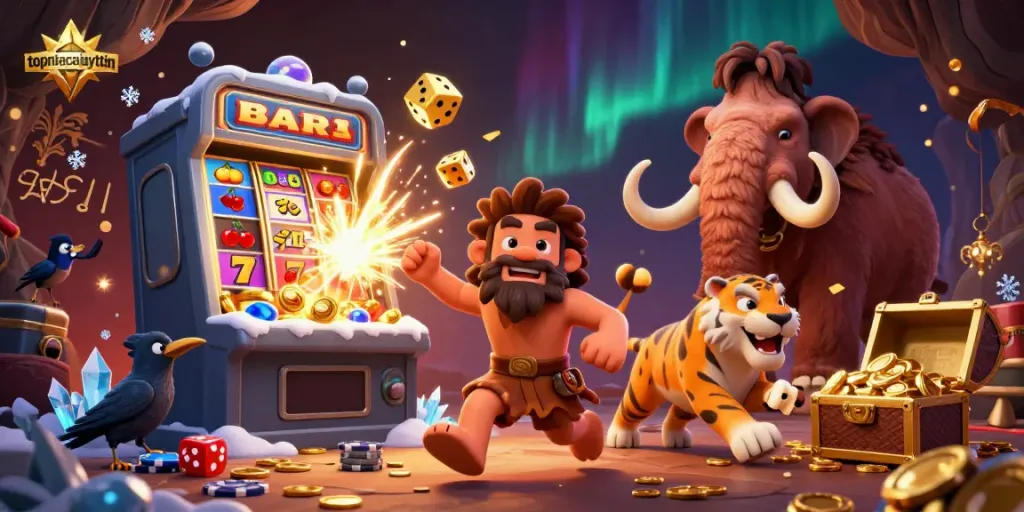 Experience the thrill at topnhacaiuytin with caveman and tiger characters in a lively casino setting.