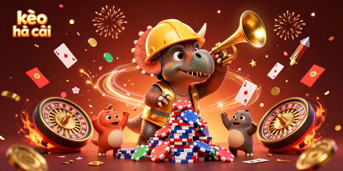 Engage in kèo nhà cái action with vibrant characters building poker chip towers amidst festive casino elements.