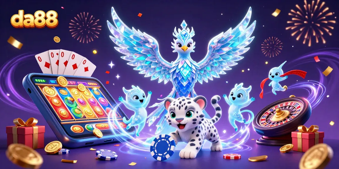 Experience the magic of da88 with an ice phoenix, leopard cub, and vibrant gaming elements.