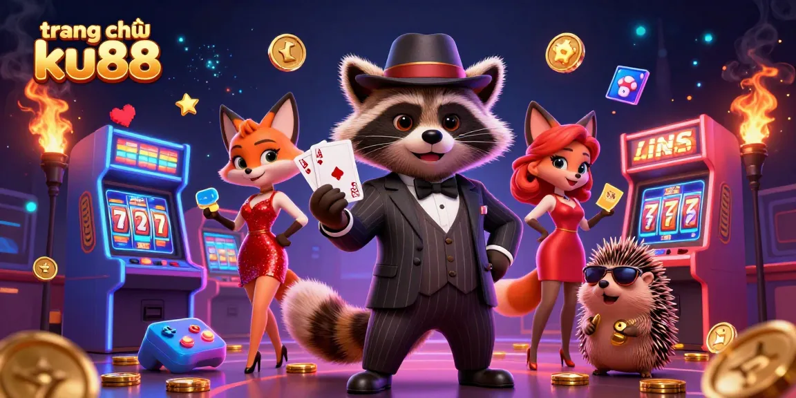 Experience the thrill of trang chủ ku88 with a captivating 3D illustration of gamblers celebrating their luck, rich in casino elements.