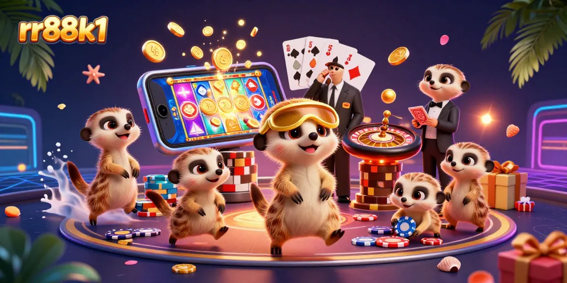 Experience exhilarating gameplay at rr88k1 with meerkats managing a vibrant casino game scene.