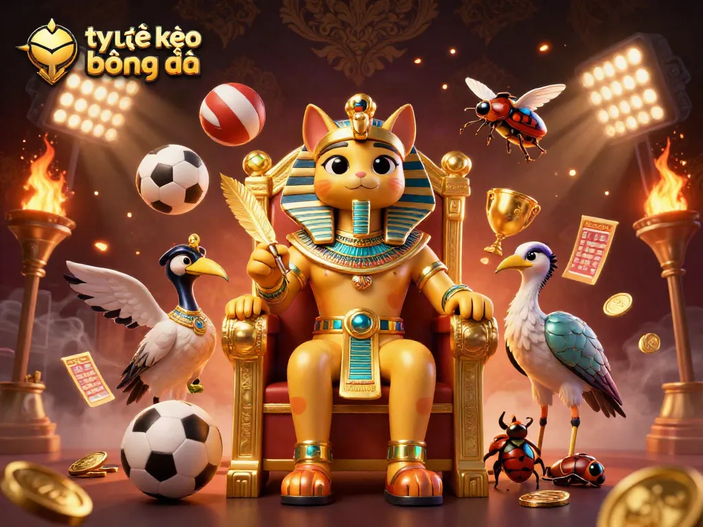 Bet on tỷ lệ kèo bóng đá with dynamic 3D characters and sports elements around, showcasing excitement.