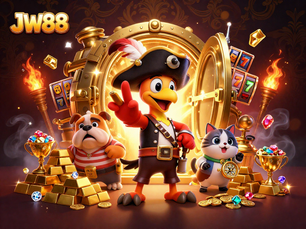 Spin the reels with JW88 as a pirate captain directs fortune amidst gold riches.