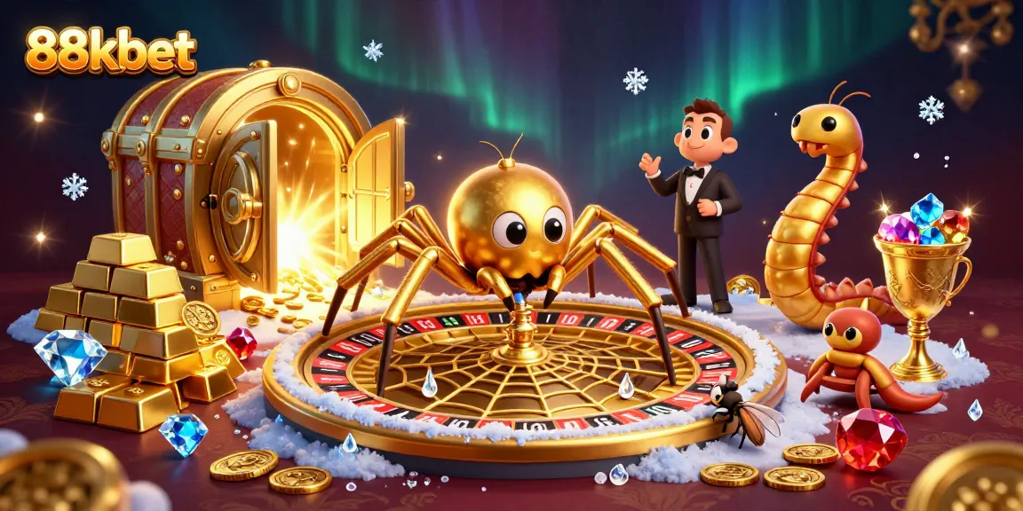 Experience thrilling gameplay with 88kbet, a vibrant casino scene depicting a spider-themed roulette wheel.