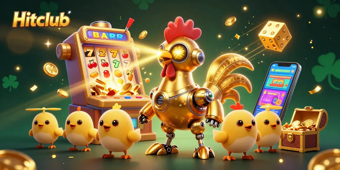 Hitclub showcases an animated scene of a golden rooster robot and baby chicks amid exciting jackpot elements.