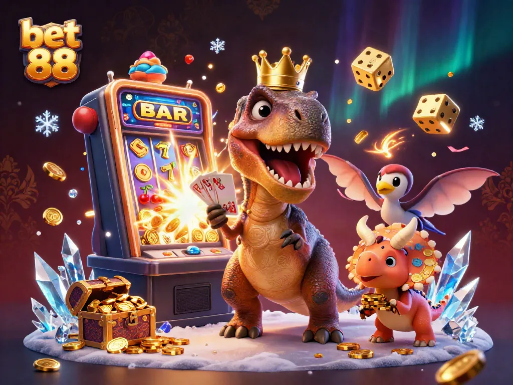 Experience bet 88 thrills with T-Rex shuffling cards and flying jackpots in this vibrant casino scene.