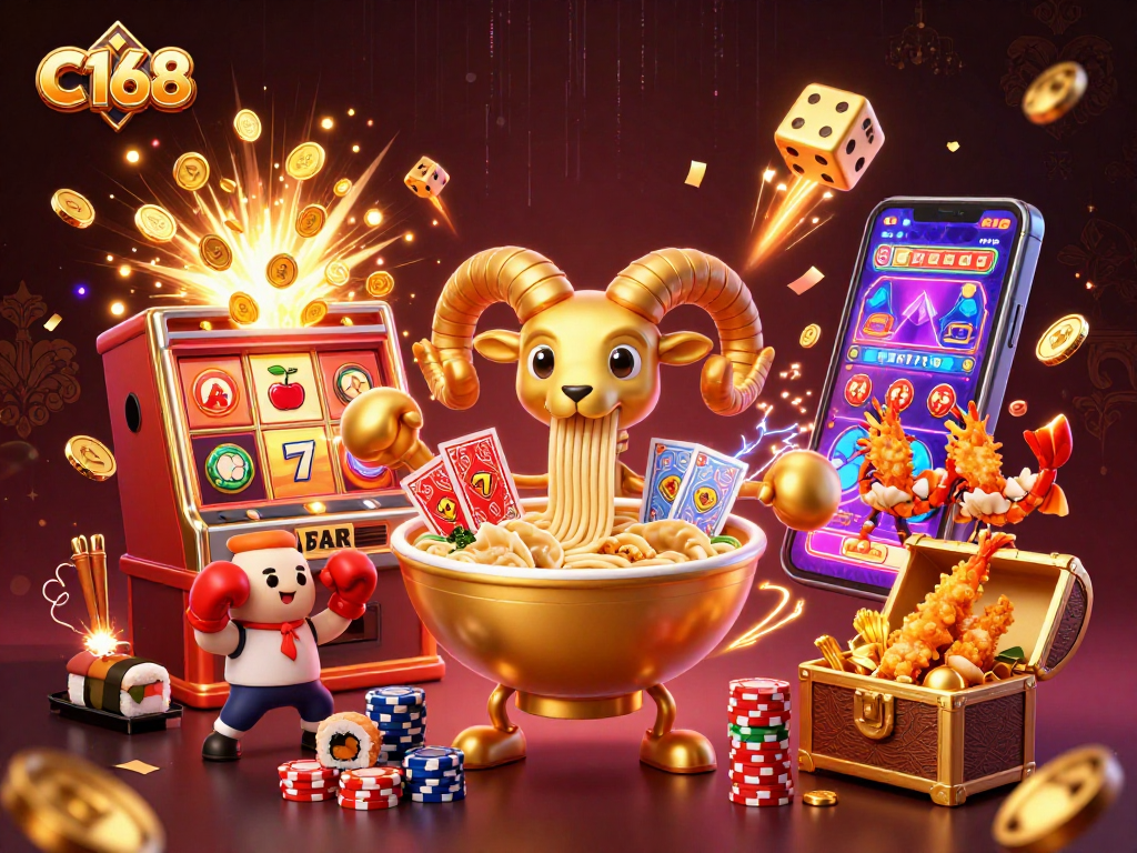 C168 players enjoying a vibrant casino scene with dynamic characters and jackpot elements bursting forth.