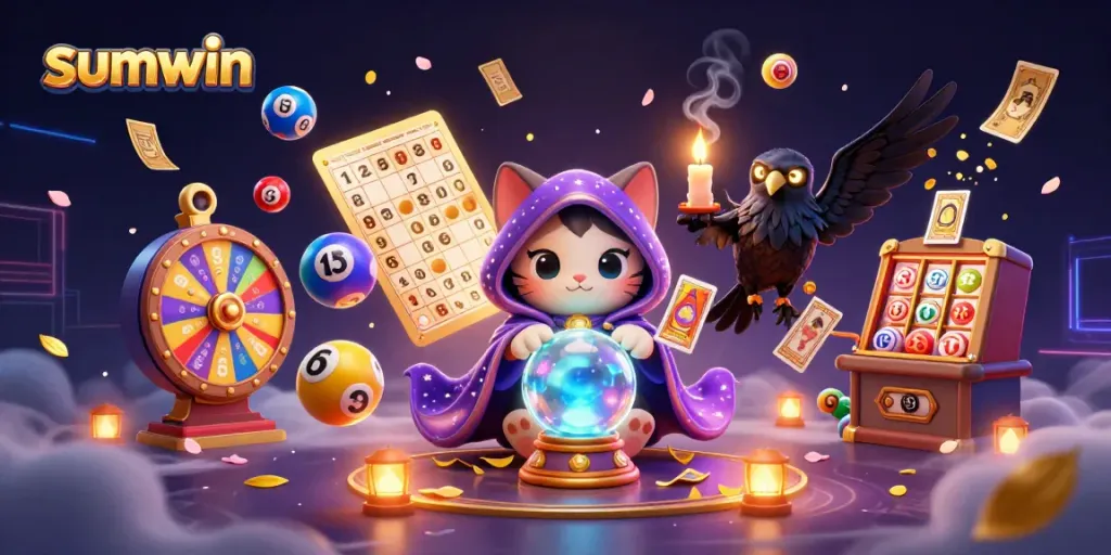 Engaging sumwin gaming scene featuring a mystical cat and raven surrounded by vibrant casino elements.