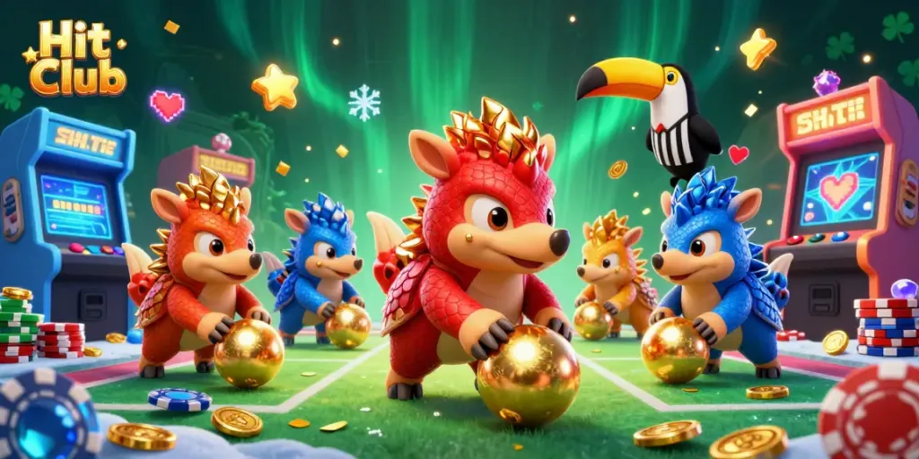 Engage with the Hit Club scene as pangolins celebrate gambling victories with poker chips and arcade fun.