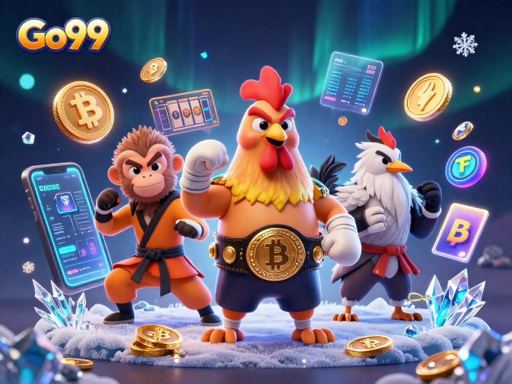 Engage with Go99 through thrilling 3D illustration of casino characters and crypto elements.