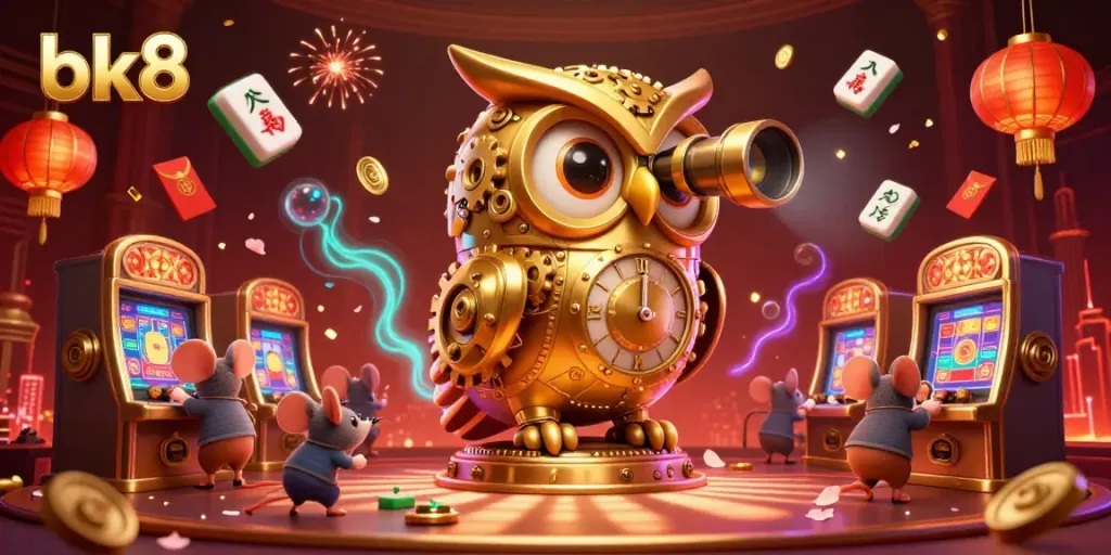 Experience the thrilling gameplay at bk8 with a vibrant casino scene featuring a golden owl and energetic mouse patrons.