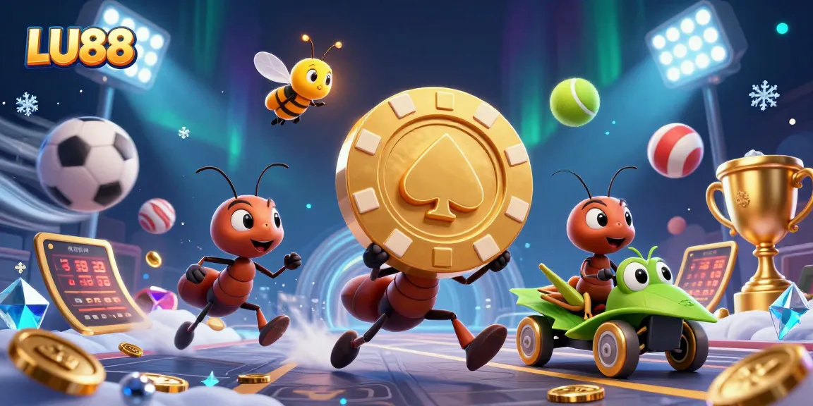 LU88 attracts players by showcasing a vibrant scene of 3D ants carrying a giant poker chip, illustrating a thrilling heist.