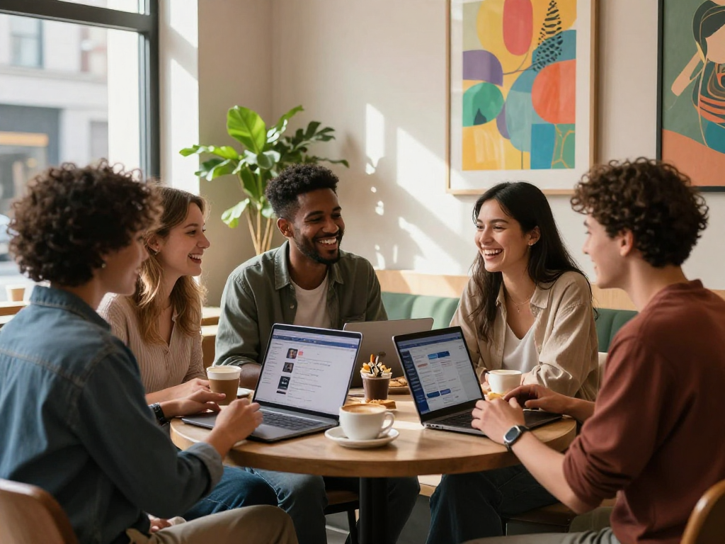 Engaging group of friends at https://f168.dating/ discussing dating apps in a cozy cafe.