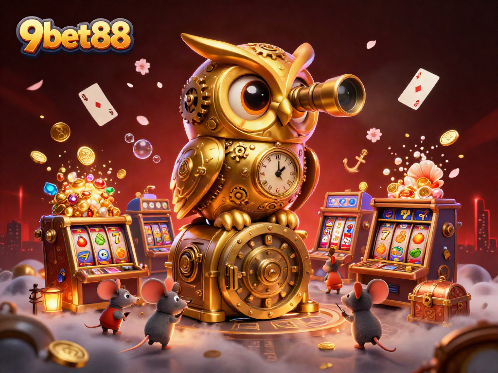 Experience thrilling gameplay at 9bet88 with a vibrant casino scene filled with magical creatures and slot machines.