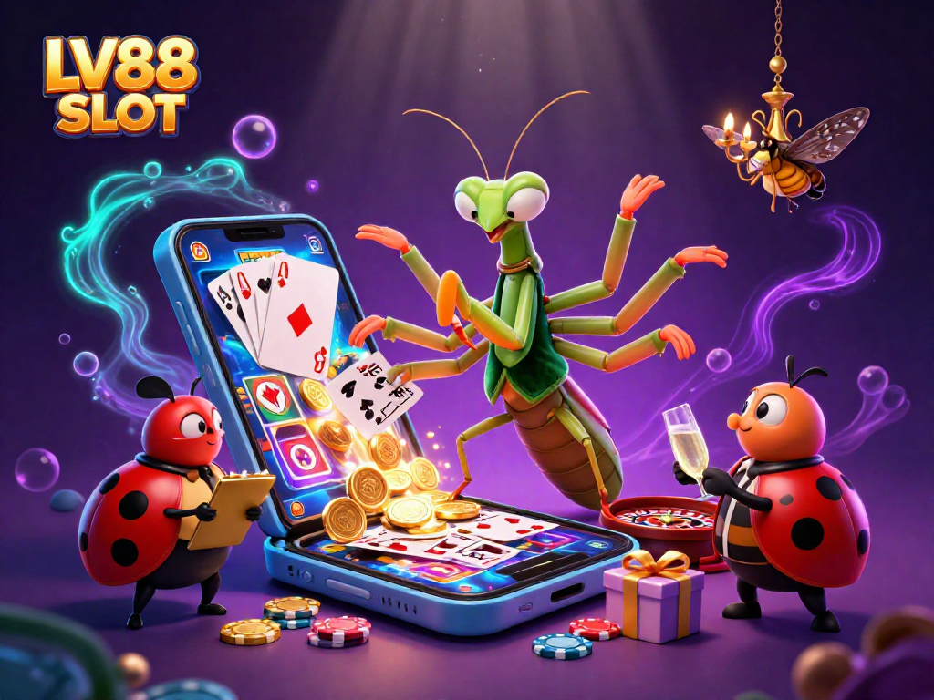 Engage with LV88 SLOT featuring a vibrant scene with a 3D mantis card sharp, ladybug pit boss, and dynamic casino elements.