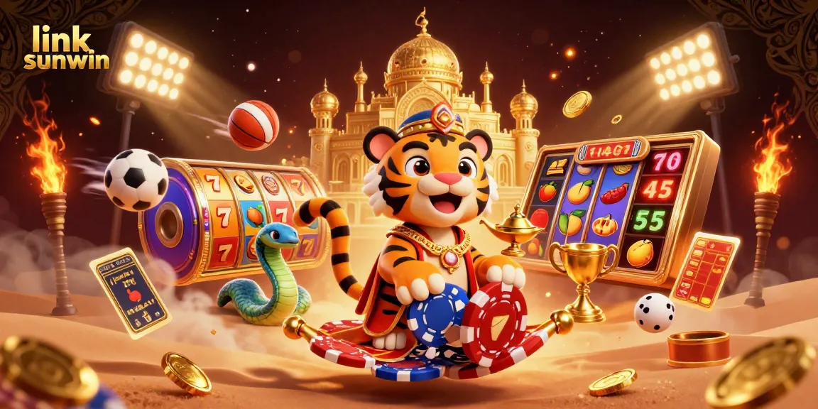 Experience the thrill of gaming with link sunwin, featuring vibrant characters, slot reels, and dynamic casino elements.