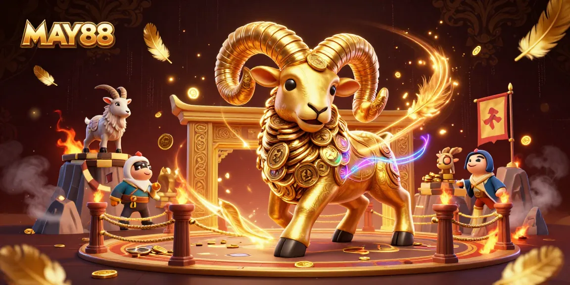 MAY88 showcases a golden ram charging through a vibrant casino scene with stacked gold and casino elements.