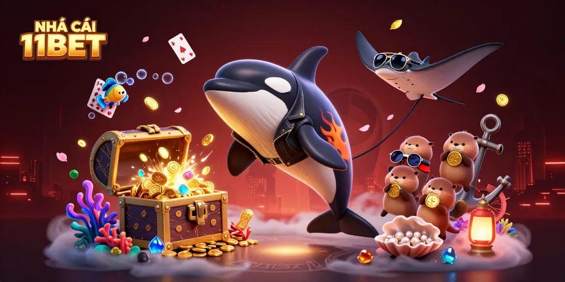 Join NHÀ CÁI 11BET for thrilling underwater adventures with a whimsical orca, stingray, and otters.