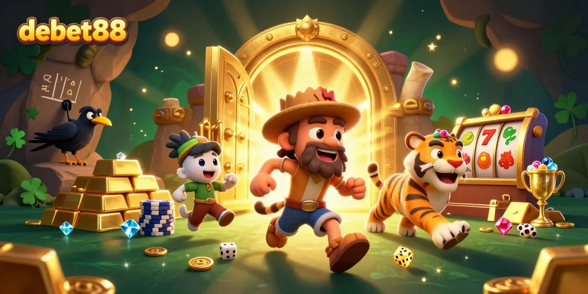Experience debet88's vibrant casino scene with caveman antics, slot reels, and roaring treasures.