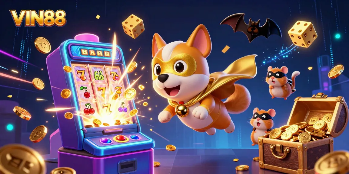 Experience the excitement of VIN88 with a superhero dog and hamster amidst dynamic casino elements