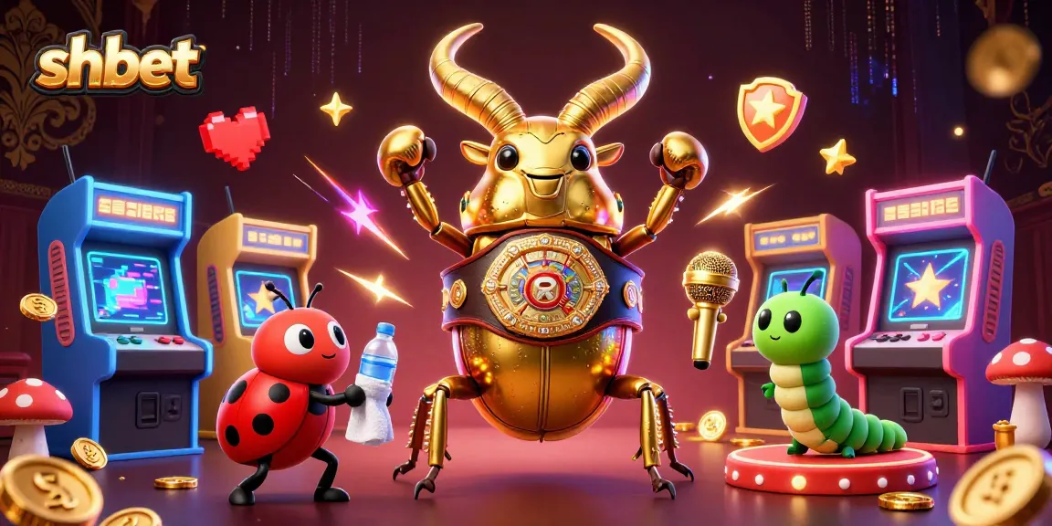 Experience thrilling gameplay with shbet's vibrant 3D illustration featuring a giant boxing beetle and arcade elements.