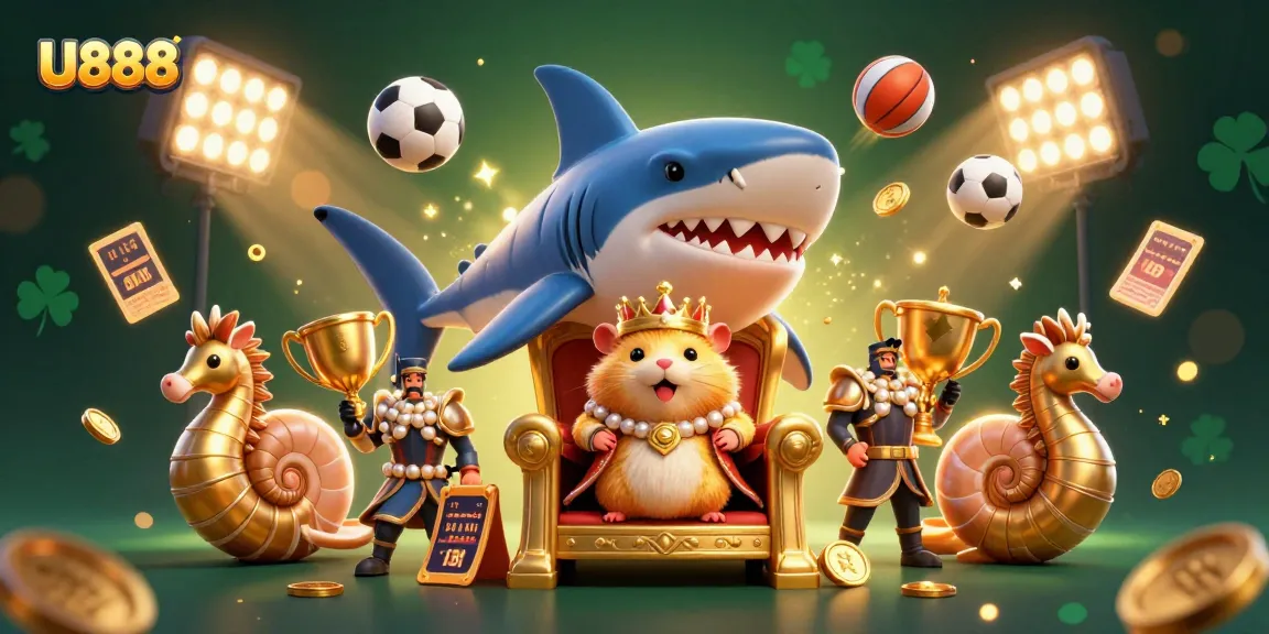 Bet on U888 with a fierce golden hamster king and sports elements in an epic casino scene