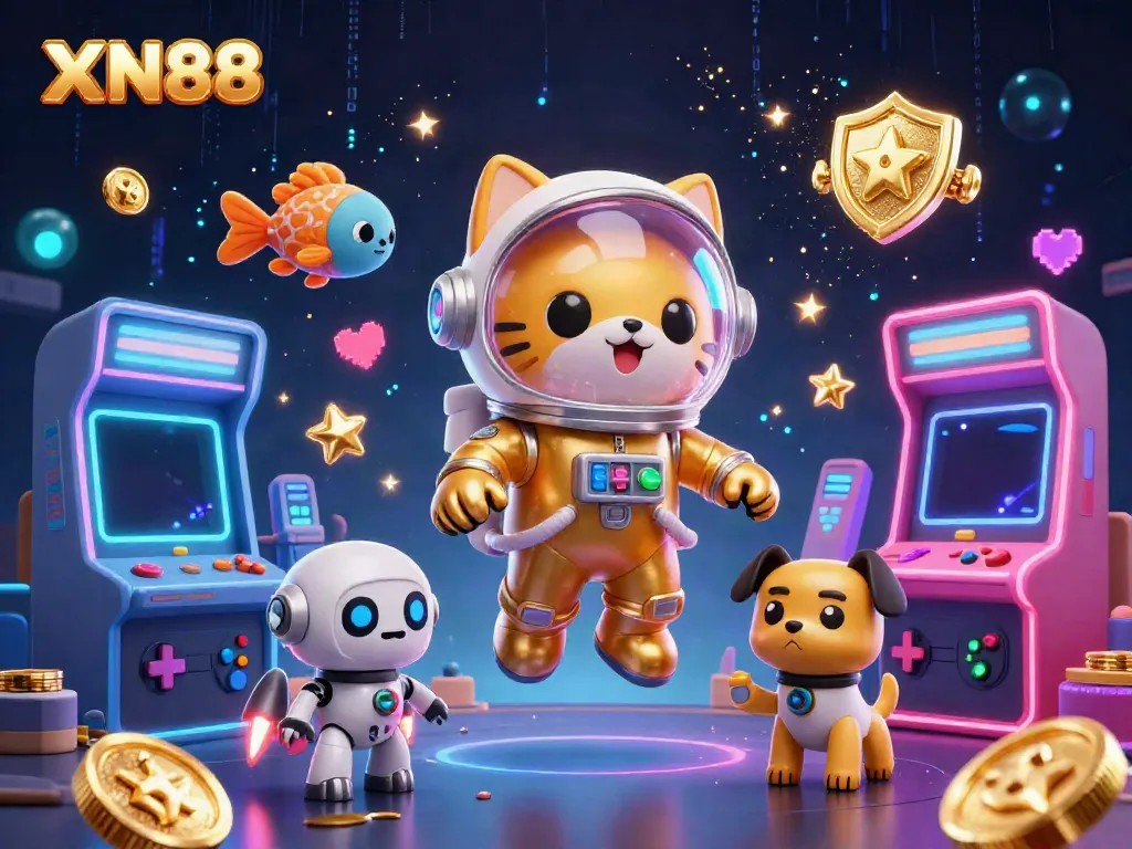 Experience XN88 with a vibrant 3D illustration capturing a space-themed gaming adventure surrounded by casino elements.