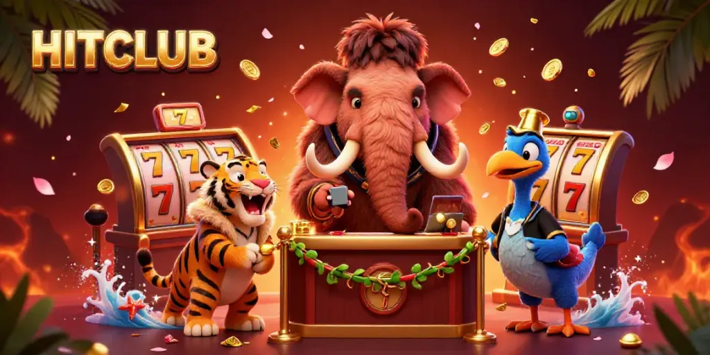 Experience the vibrant HITCLUB casino scene with animated characters and colorful gaming elements.