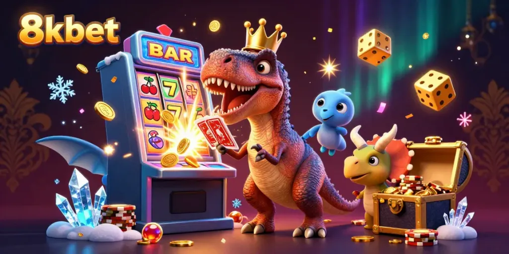 Experience the excitement at 8xbet with playful dinosaurs enjoying casino games amidst thrilling jackpot symbols.