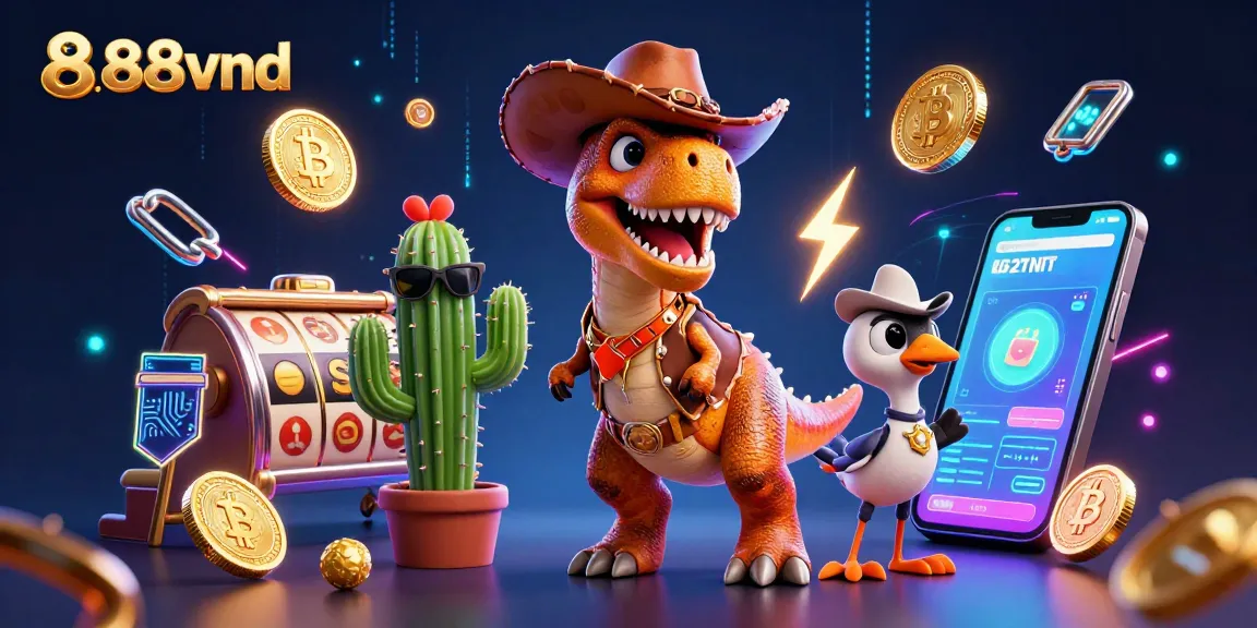 Engage with thrilling gaming at 888vnd with a vibrant casino scene featuring cartoon characters and slot reels.
